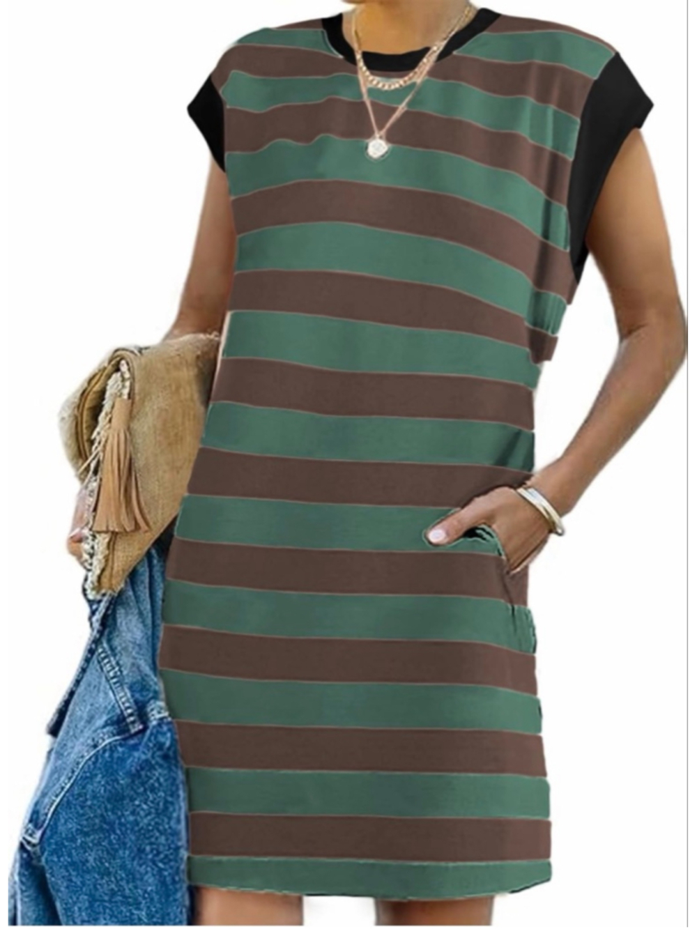 NEW Striped Ribbed Dress Crewneck Cap Sleeve Color Block Pockets S